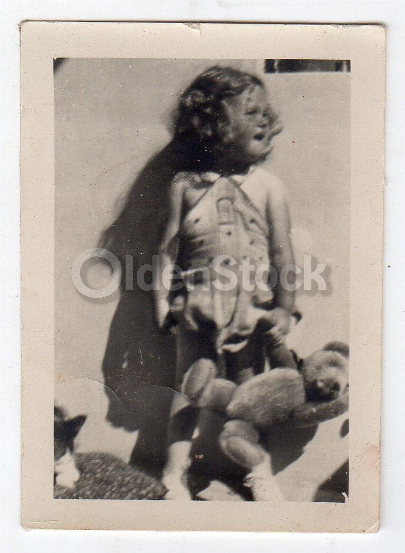 Cute Little Girl & Her Teddy Bear Vintage 1940s Americana Snapshot Photo