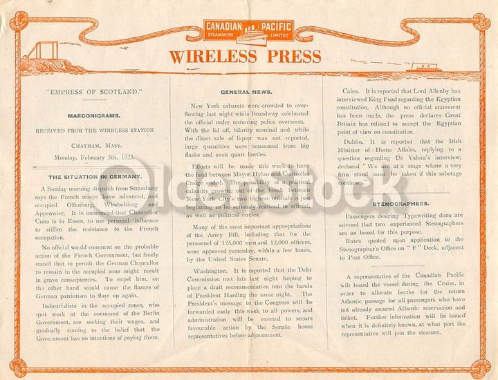 Ruhr Occupation Germany Canadian Pacific Steamships Wireless Press News Flyer