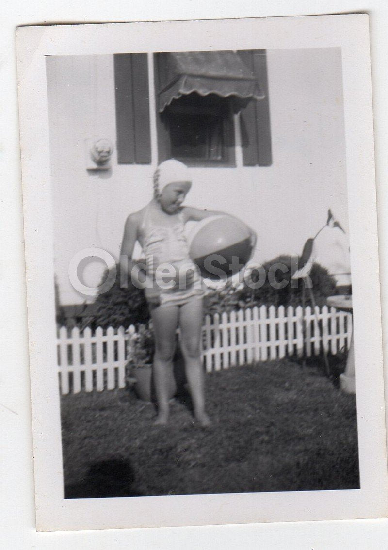 Cute Little Girl in Swimsuit & Swimming Cap Vintage Snapshot Photo