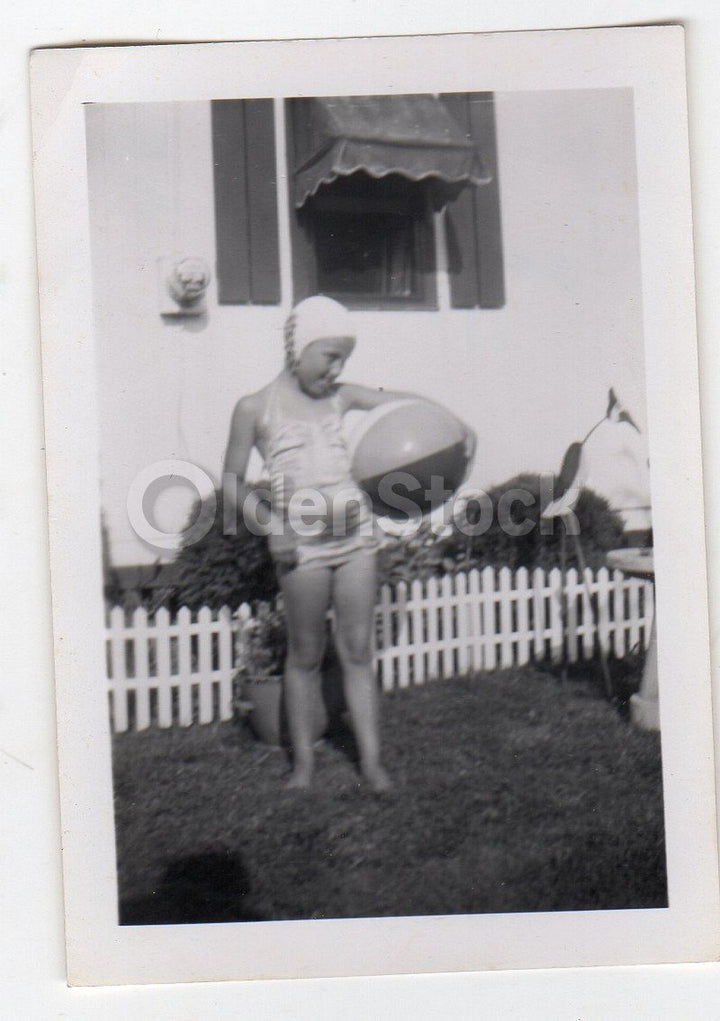 Cute Little Girl in Swimsuit & Swimming Cap Vintage Snapshot Photo