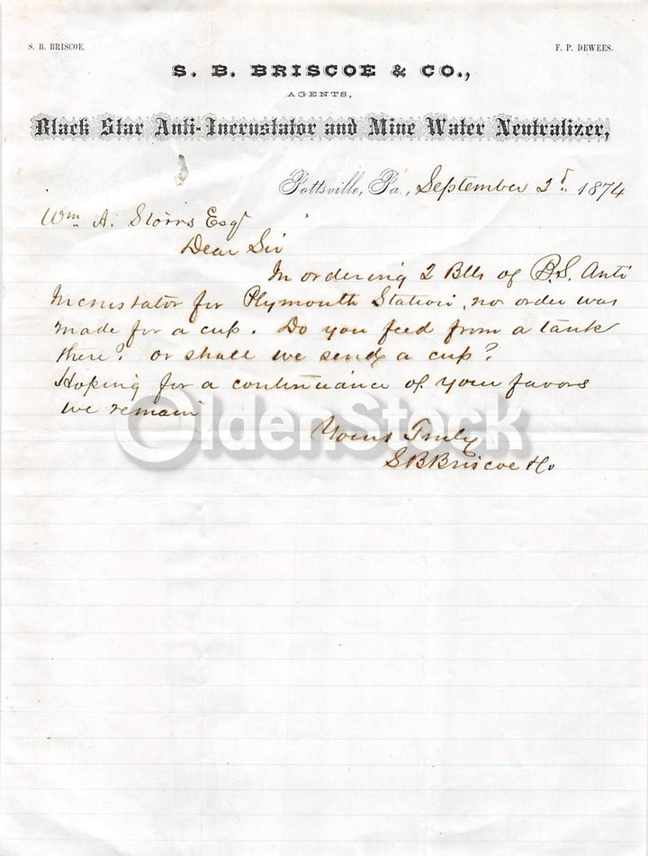 S. B. Briscoe Mining Water Treatment Pottsville PA Antique Advertising Letter