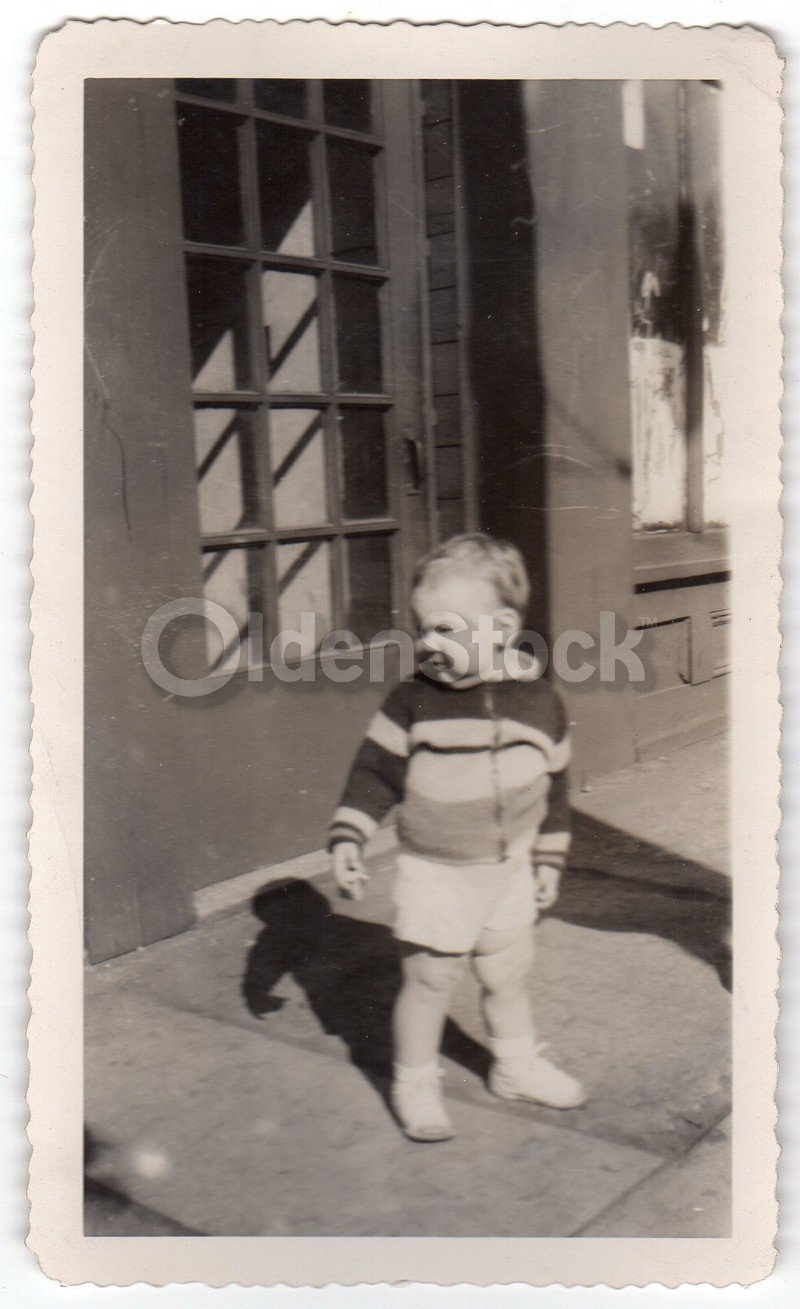 Darling Pudgy Toddler Boy in Zip-up Sweater Vintage Snapshot Photo