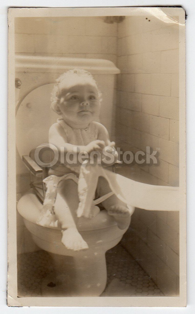 Cute Curly Haired Baby Girl on the Potty Vintage American Snapshot Photo