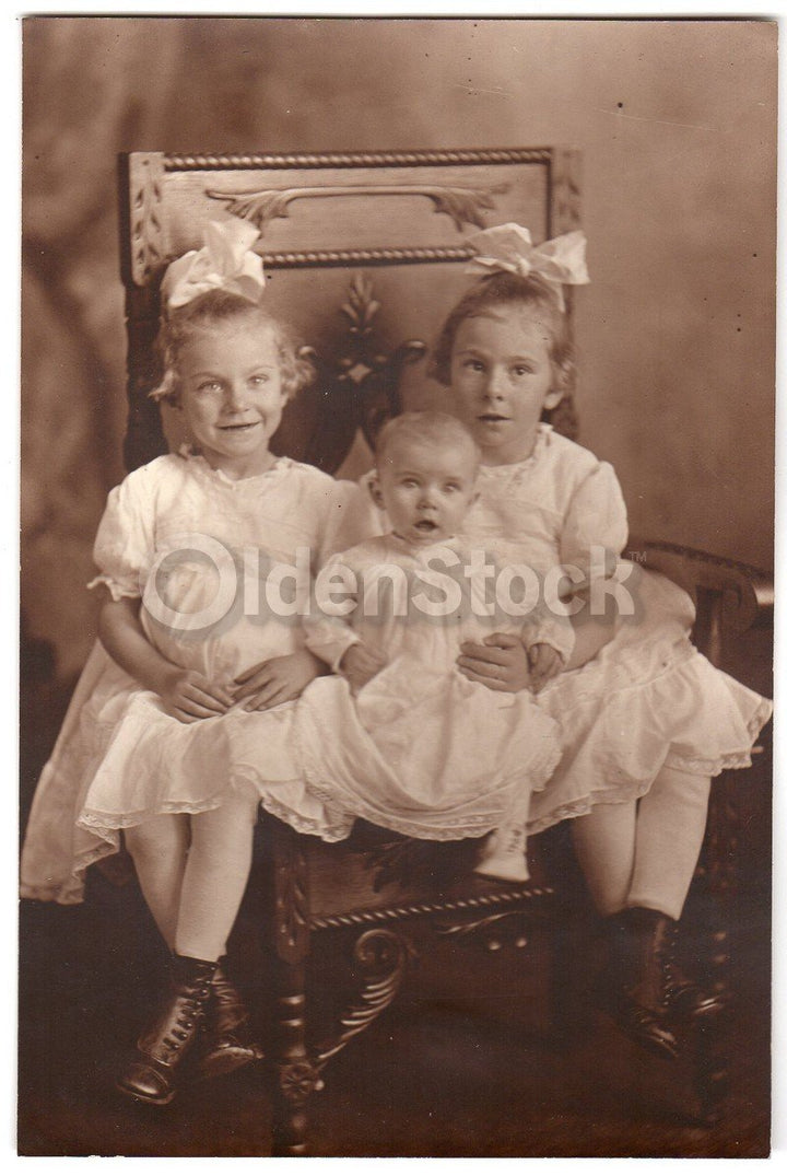 Cute Big Sisters & Surprised Baby Brother Ornate Chair Antique Studio Photograph