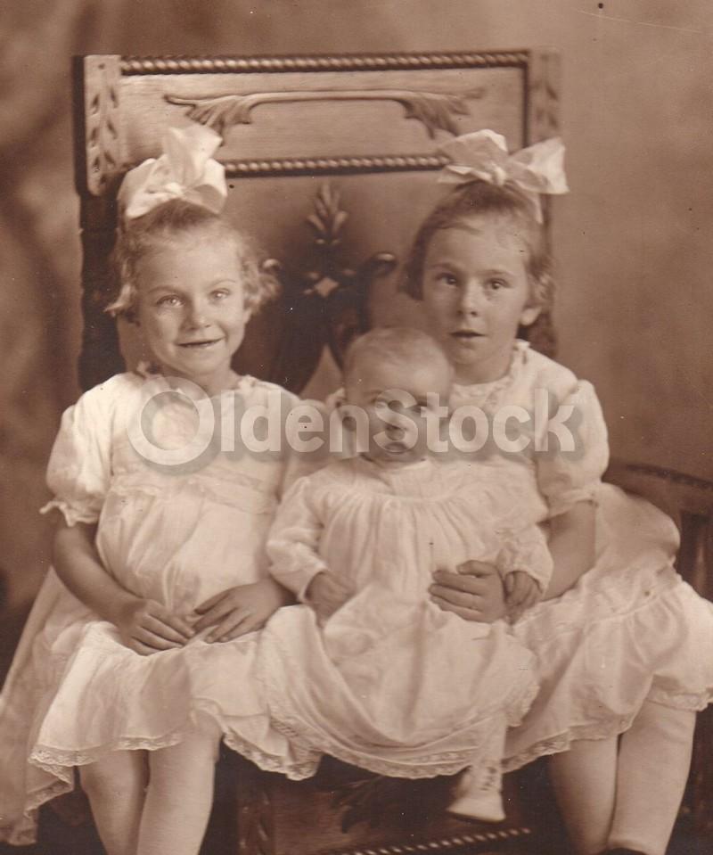 Cute Big Sisters & Surprised Baby Brother Ornate Chair Antique Studio Photograph