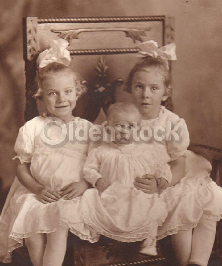 Cute Big Sisters & Surprised Baby Brother Ornate Chair Antique Studio Photograph