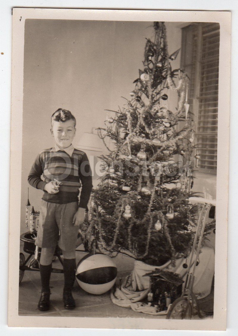 Snazzy Young Boy with Toys under Christmas Tree Vintage Americana Snapshot Photo