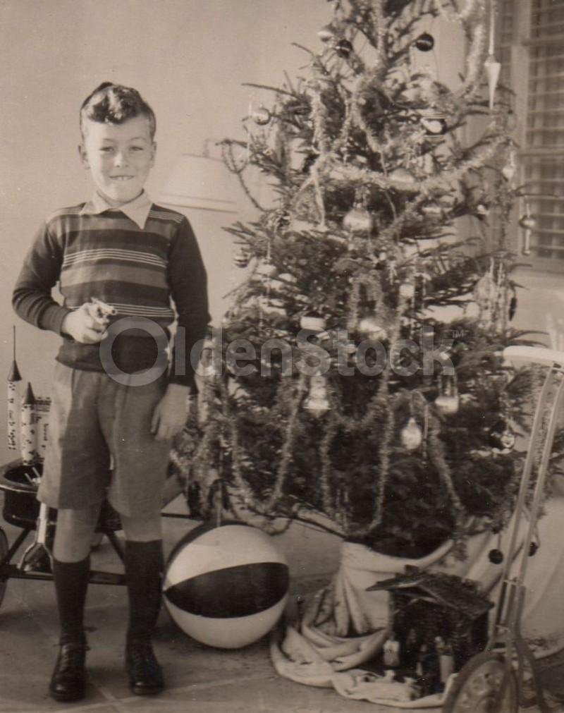 Snazzy Young Boy with Toys under Christmas Tree Vintage Americana Snapshot Photo