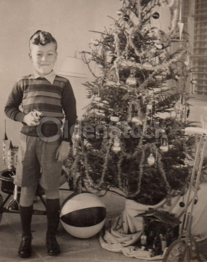 Snazzy Young Boy with Toys under Christmas Tree Vintage Americana Snapshot Photo