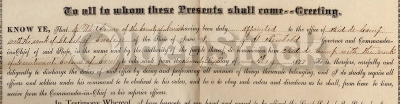 Civil War Iowa Cavalry Jarrett Garner Aid-de-Camp Appointment Certificate 1877