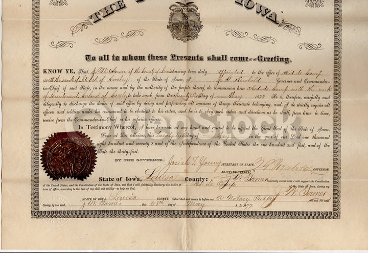 Civil War Iowa Cavalry Jarrett Garner Aid-de-Camp Appointment Certificate 1877