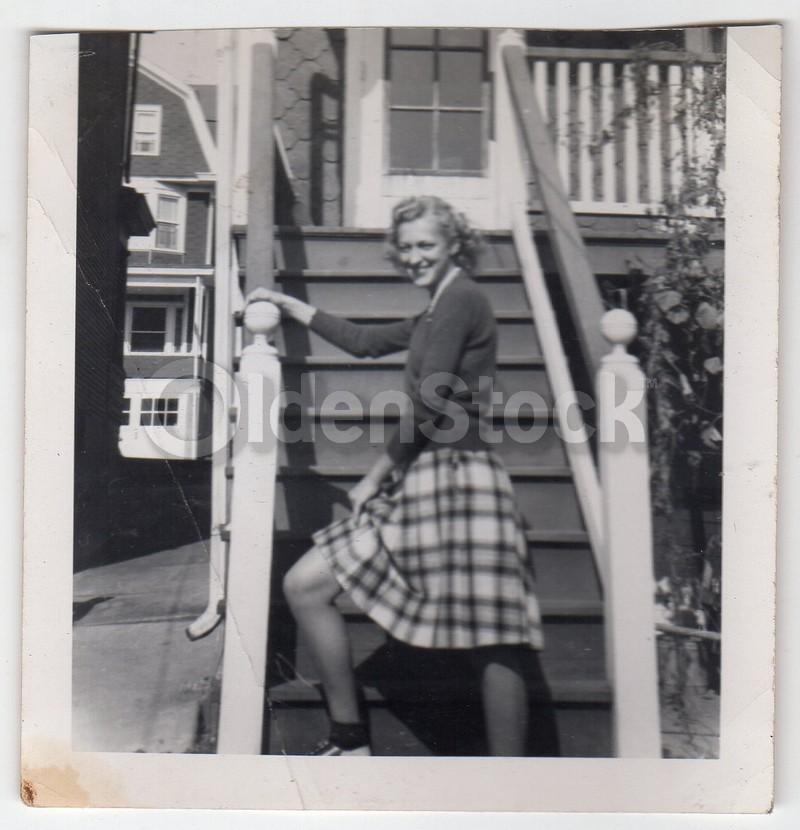 Lovely American Schoolgirl in Plaid Skirt Vintage 1950s Americana Snapshot Photo