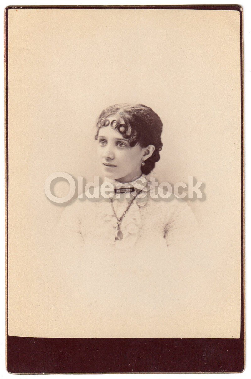 Young Woman with Ornate Jewelry & Hair Troy NY Antique Cabinet Photograph