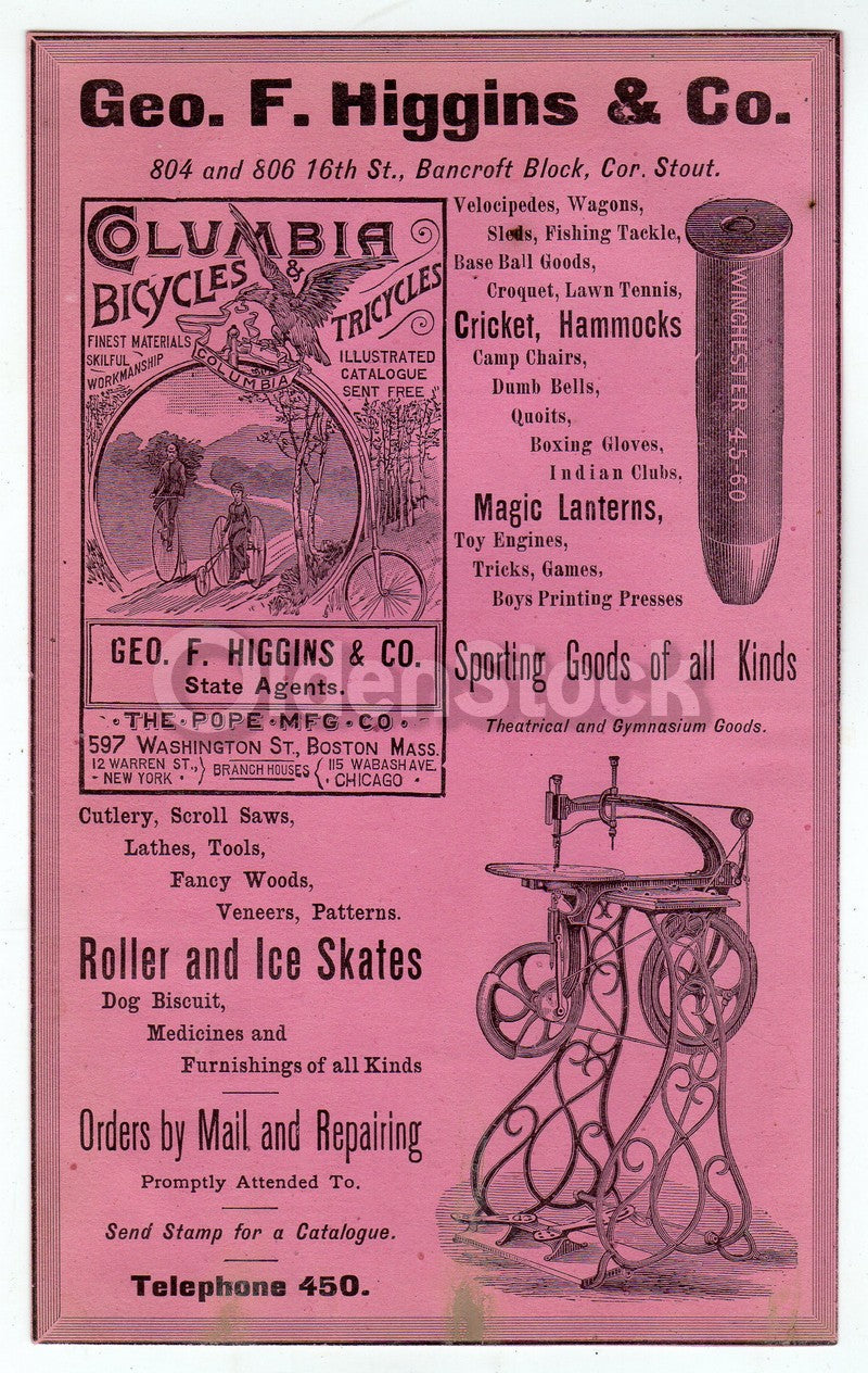Columbia High Wheel Bicycles Winchester Bullet Antique Graphic Advertising Flyer