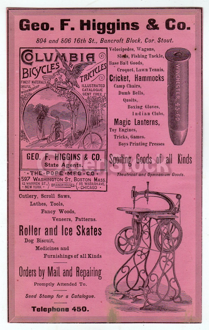 Columbia High Wheel Bicycles Winchester Bullet Antique Graphic Advertising Flyer