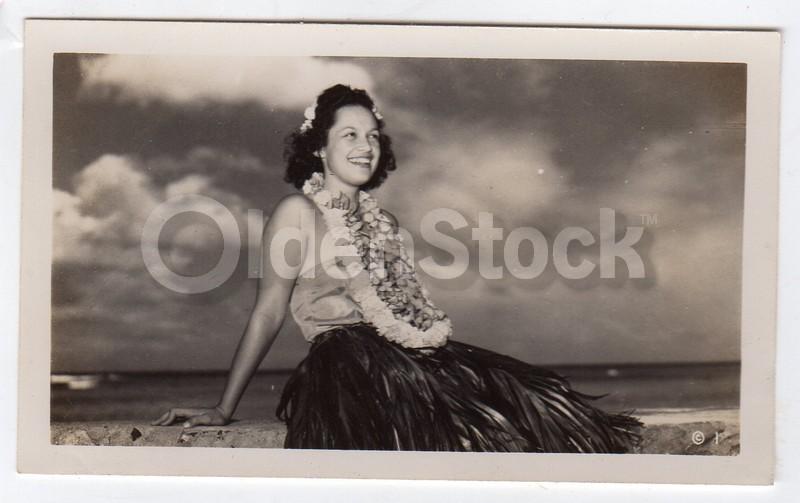 Hawaiian Hula Girl in Grass Skirt Vintage 1950s Americana Snapshot Photo