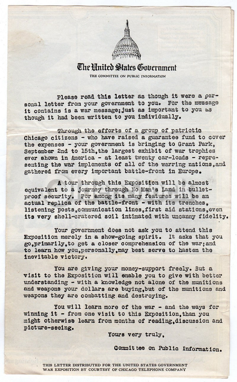 WWI US Government War Exposition Grant Park Chicago Fair Propaganda Flyer 1918