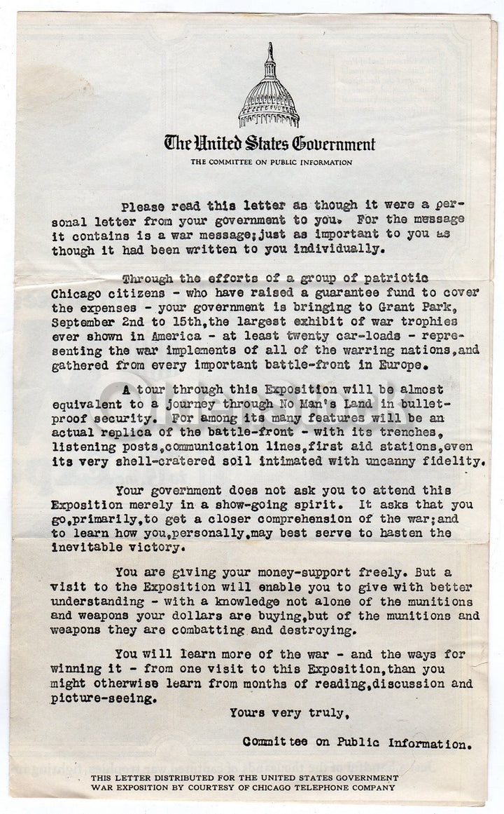 WWI US Government War Exposition Grant Park Chicago Fair Propaganda Flyer 1918
