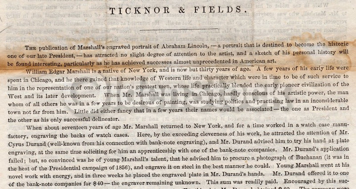Abraham Lincoln William Marshall Portrait Ticknor & Fields Advertising Broadside