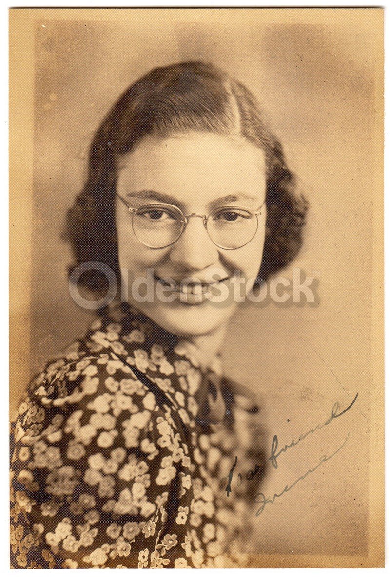 Teen Girl with Wire-Rim Glasses & Floral Blouse Vintage 1930s Fashion Snapshot Photo