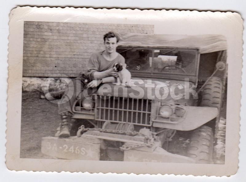 WWII Soldier & His Puppy Dog Vintage WWII Americana Snapshot Photo