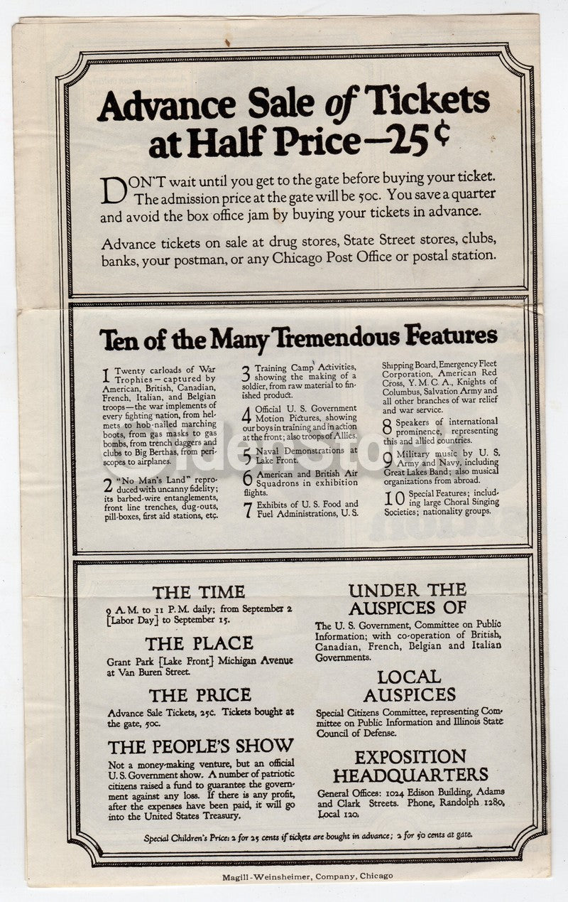 WWI US Government War Exposition Grant Park Chicago Fair Propaganda Flyer 1918