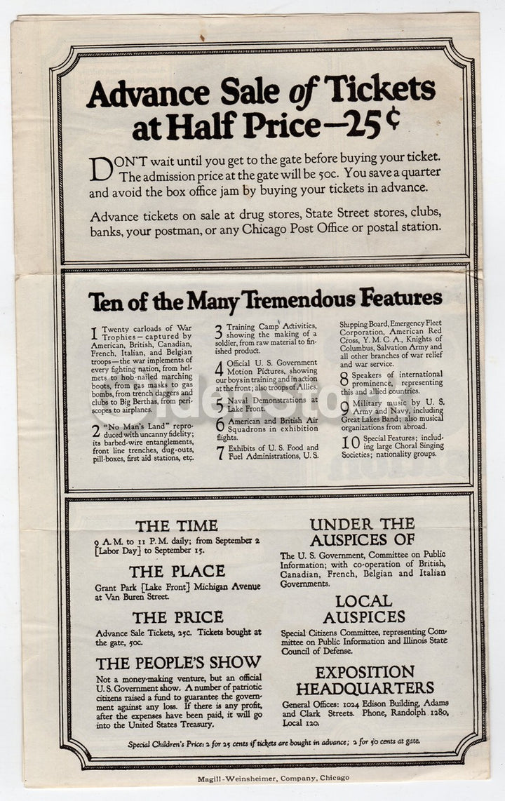 WWI US Government War Exposition Grant Park Chicago Fair Propaganda Flyer 1918