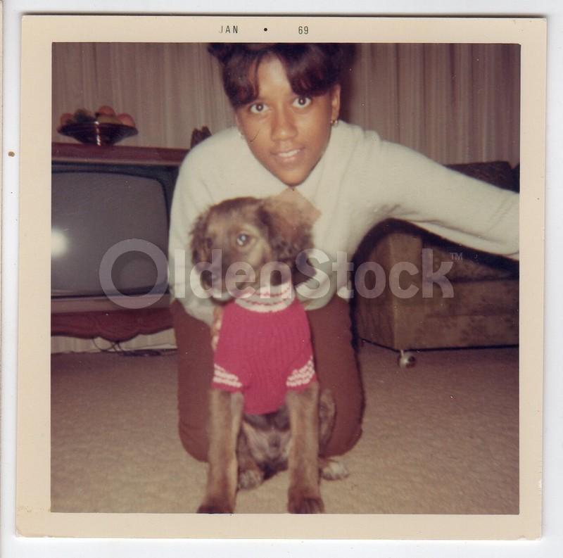 Lovely Young Black Girl & Her Puppy Dog Vintage 1960s Snapshot Photo