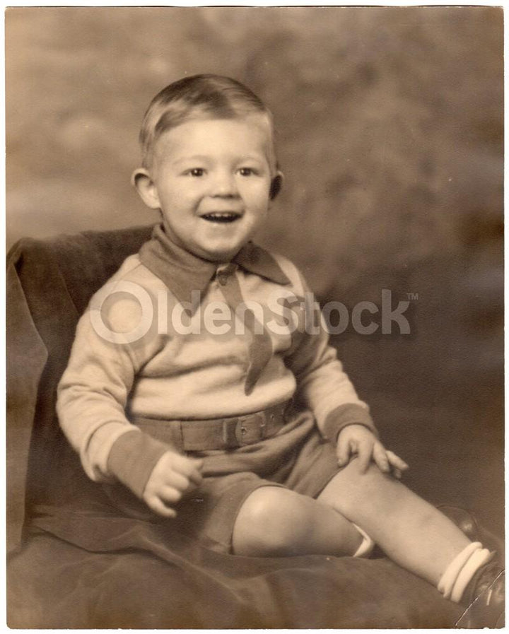 Darling Little Boy in Collared Sweater Antique Studio Photo