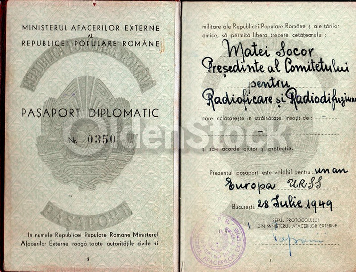 Matei Socor Romanian Jewish Communist Politician Diplomatic Passport Document