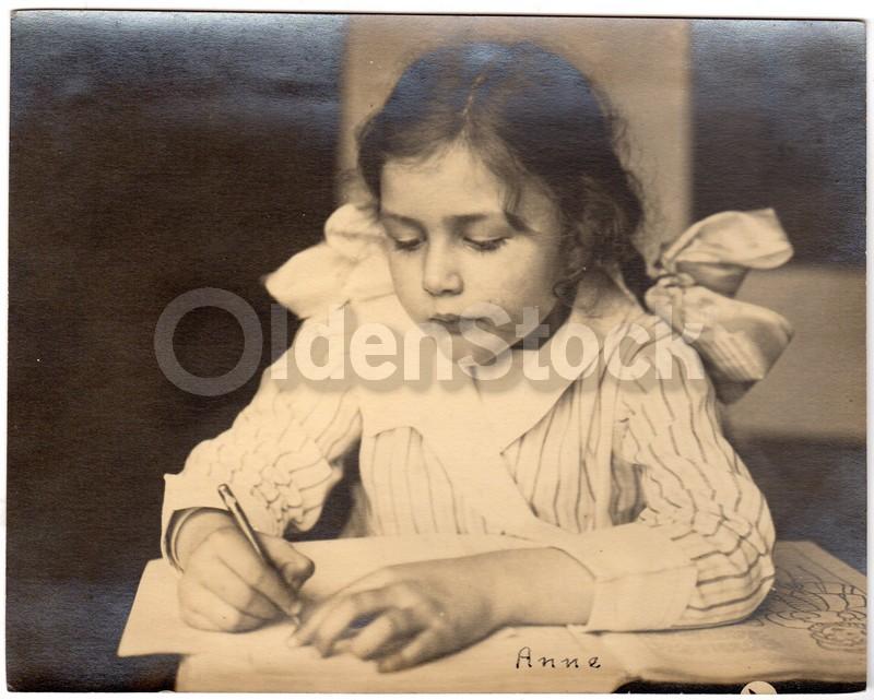 Darling Little School Girl in Homemade Dress Large Antique Snapshot Photo