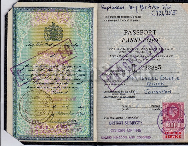 Humorous Name I. B. Quick Cancelled British Passport Travel Document 1960