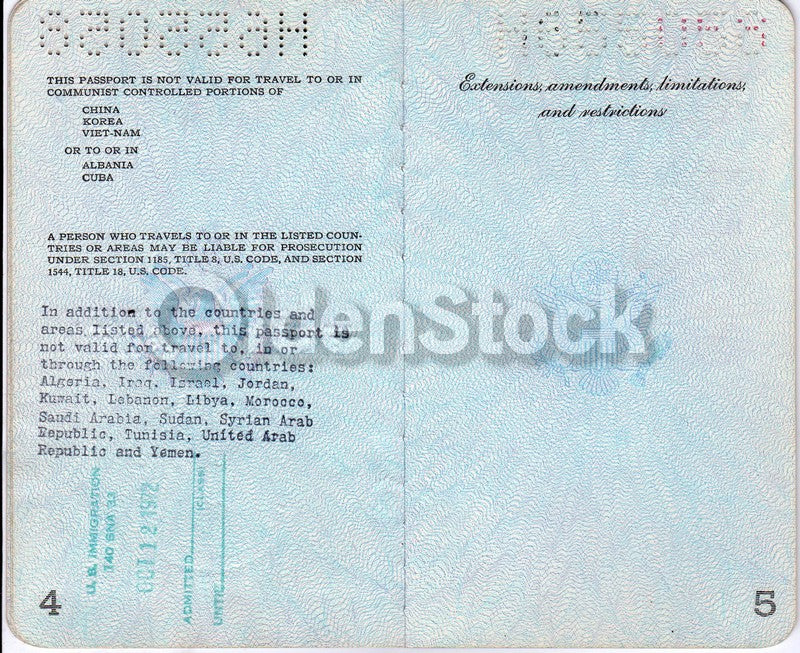 Cancelled US Passport Six Days War Travel Restrictions - Algeria Iraq Israel