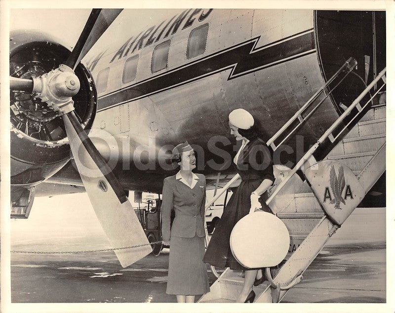 American Airlines Stewardess & Boston Pin-up Model Vintage 1950s Runway Photo