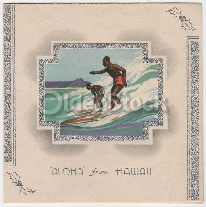 Hawaiian Surfers Vintage 1940s Graphic Art Unused Christmas Card