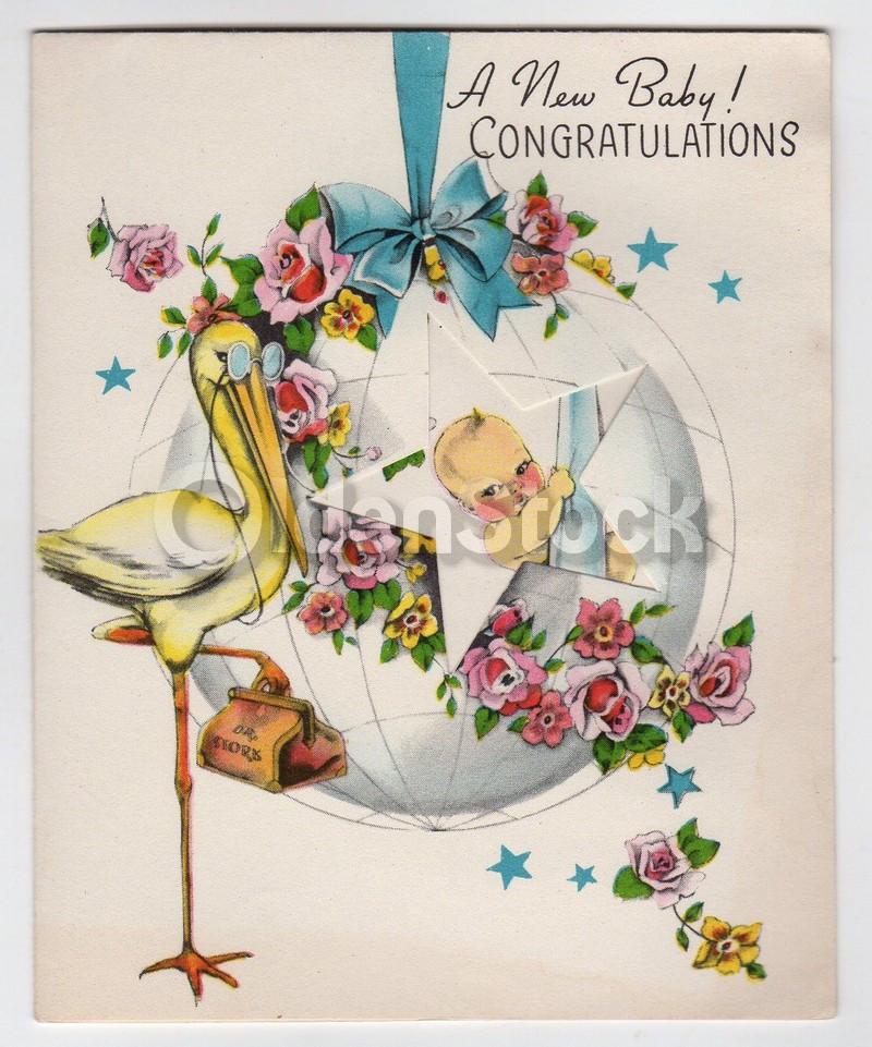 Mr. Stork Visit Vintage 1940s Unused New Baby Congratulations Card