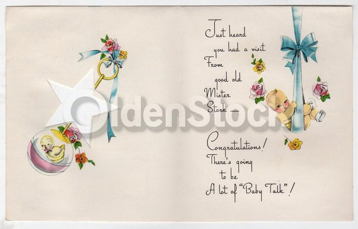 Mr. Stork Visit Vintage 1940s Unused New Baby Congratulations Card