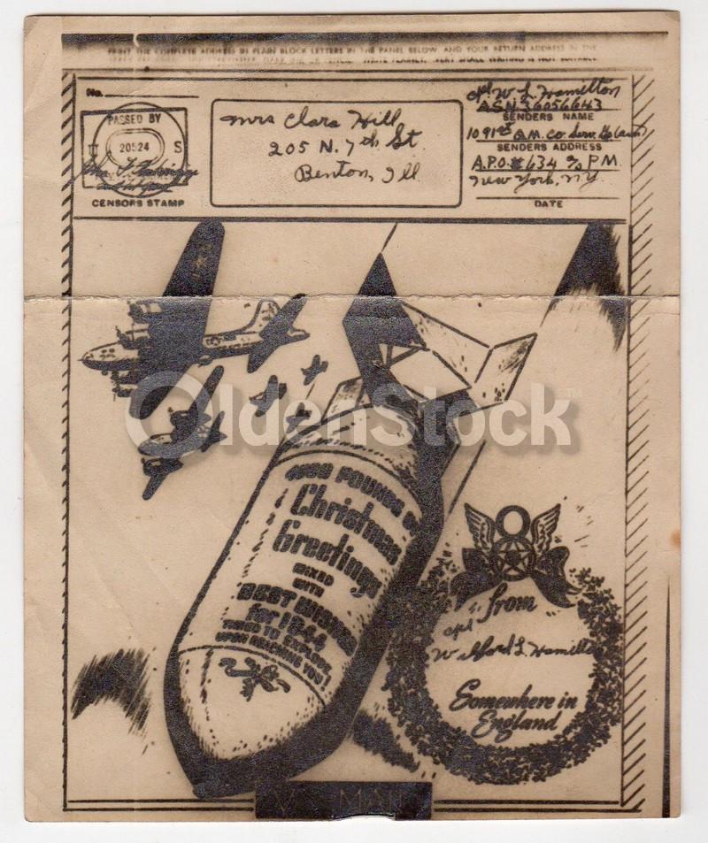Dropping Christmas Bombs Vintage WWII Graphic Art V-Mail Letter