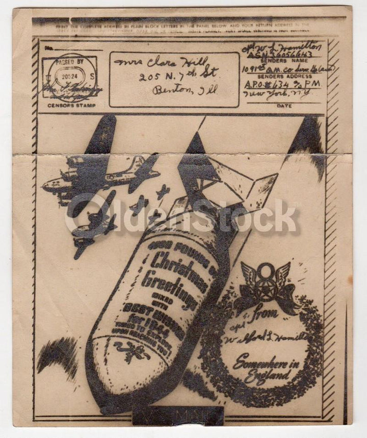 Dropping Christmas Bombs Vintage WWII Graphic Art V-Mail Letter
