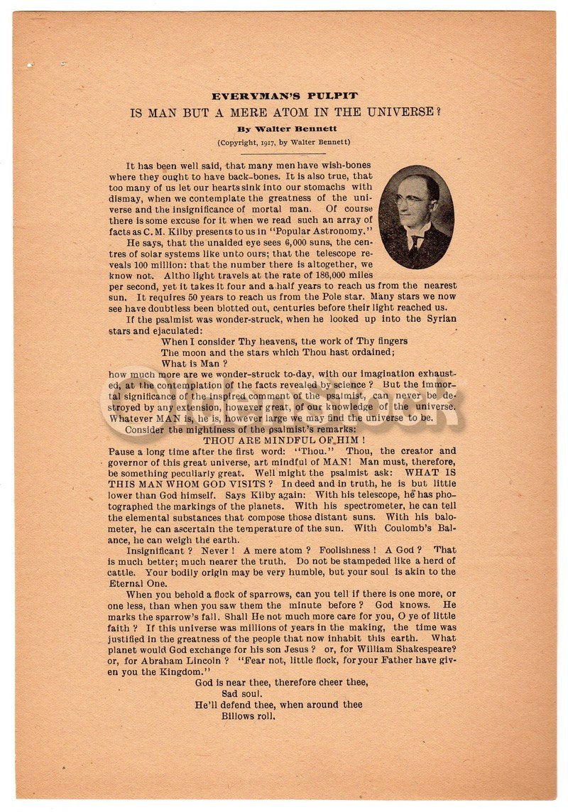 Man But an Atom Antique WWI Religious Sermon Broadside Flyer 1917