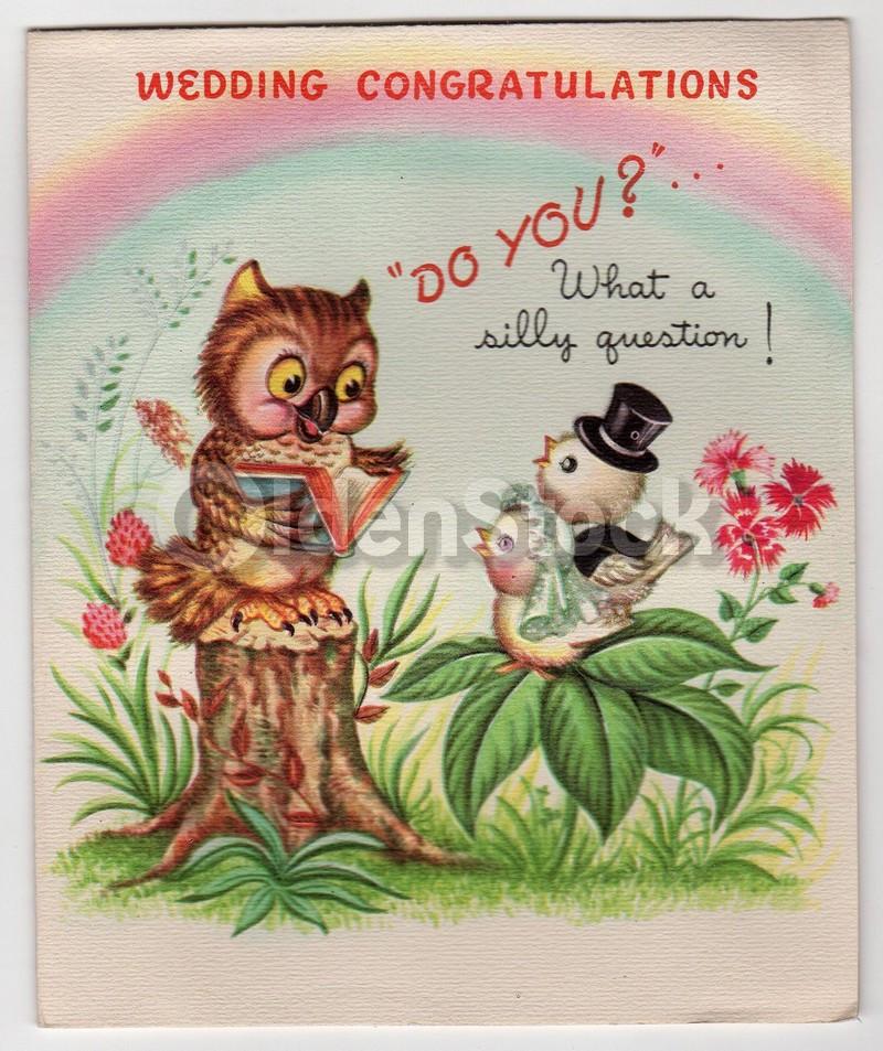 Cute Love Birds Vintage 1940s Graphic Art Wedding Card