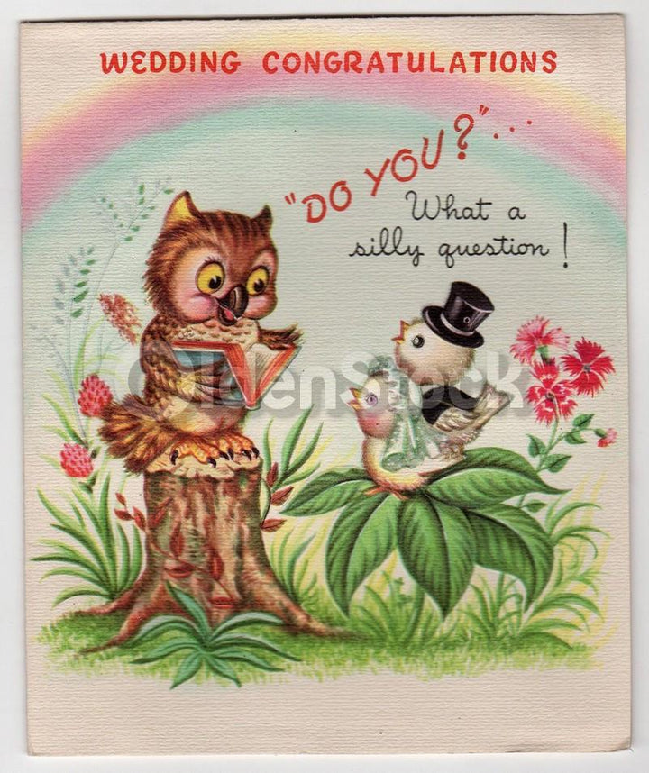 Cute Love Birds Vintage 1940s Graphic Art Wedding Card