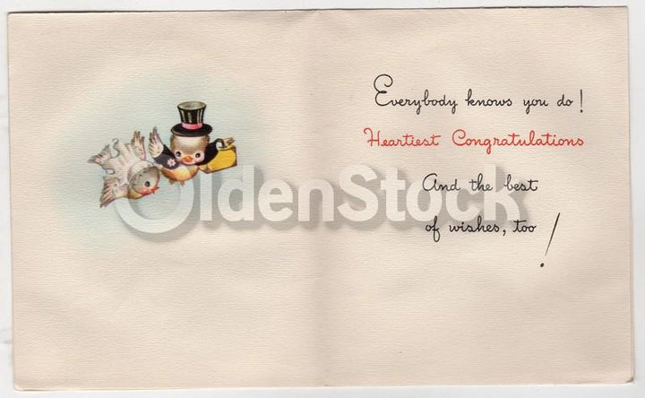 Cute Love Birds Vintage 1940s Graphic Art Wedding Card