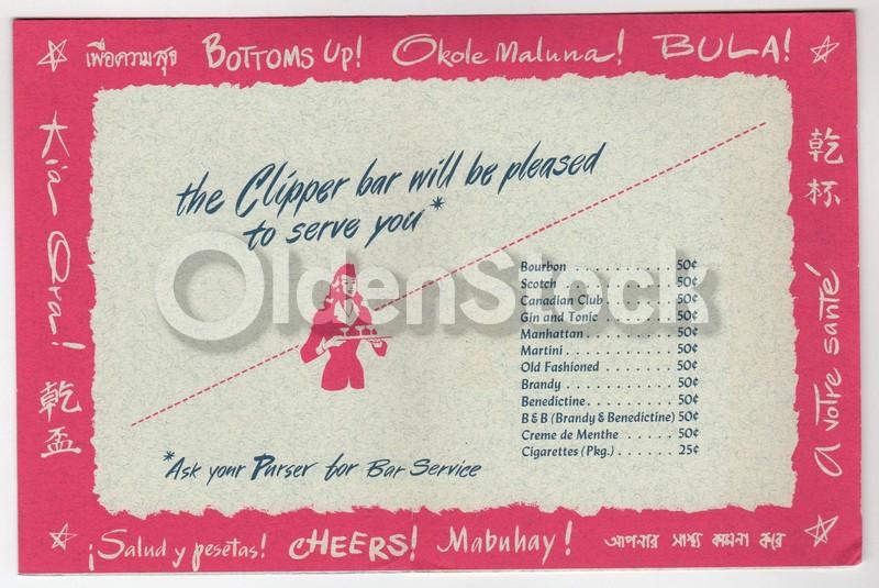 Pan American Airlines Vintage 1950s Clipper Bar Service Menu