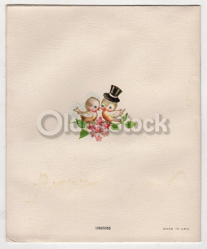 Cute Love Birds Vintage 1940s Graphic Art Wedding Card