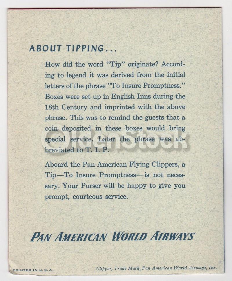Pan American Airlines Vintage 1950s Clipper Bar Service Menu