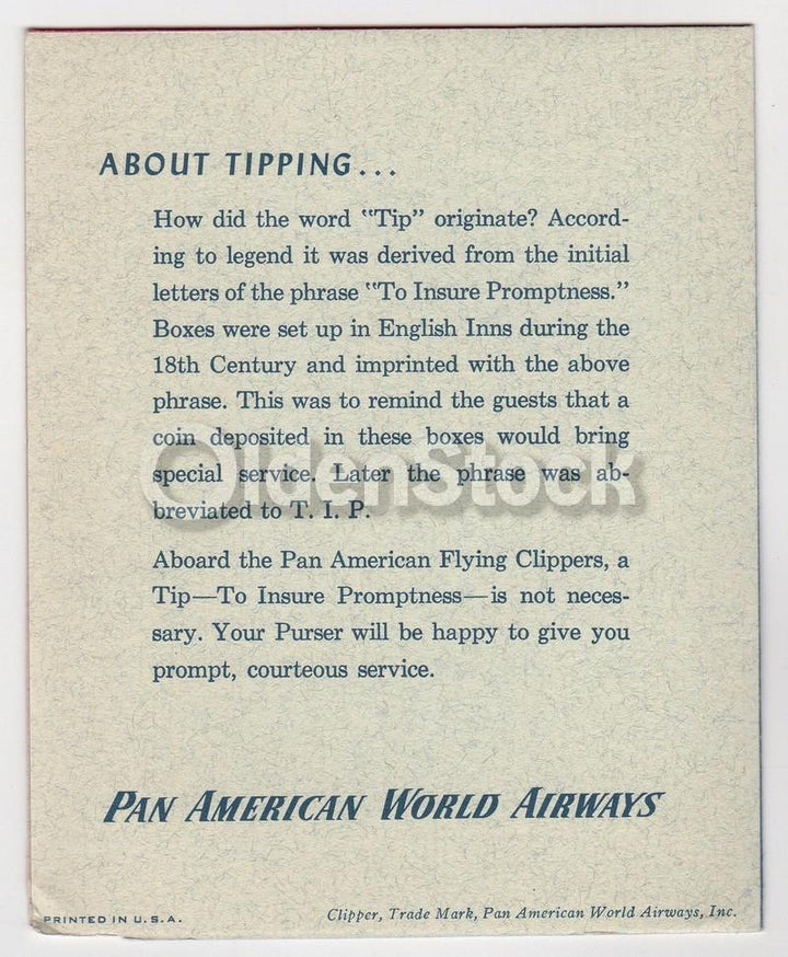 Pan American Airlines Vintage 1950s Clipper Bar Service Menu