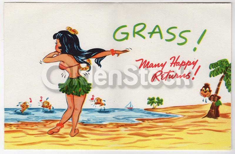 Cute Hawaiian Hula Girl Vintage 1940s Unused Happy Birthday Card