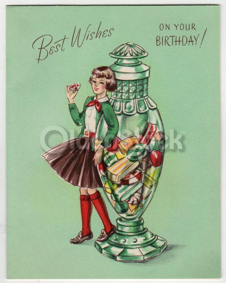 School Girls Candy Treats Vintage 1950s Unused Happy Birthday Card