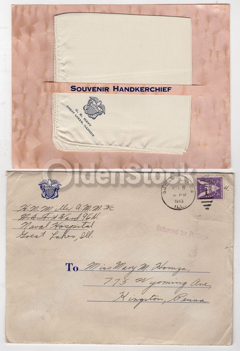 Great Lakes Illinois Vintage Old Stock WWII Navy Sweetheart Handkerchief